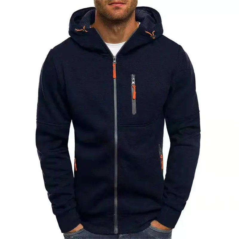 Men's Grey Hooded Sweatshirt Full Zipper Casual Sportswear with Pockets Orange Drawstring plus Size Available