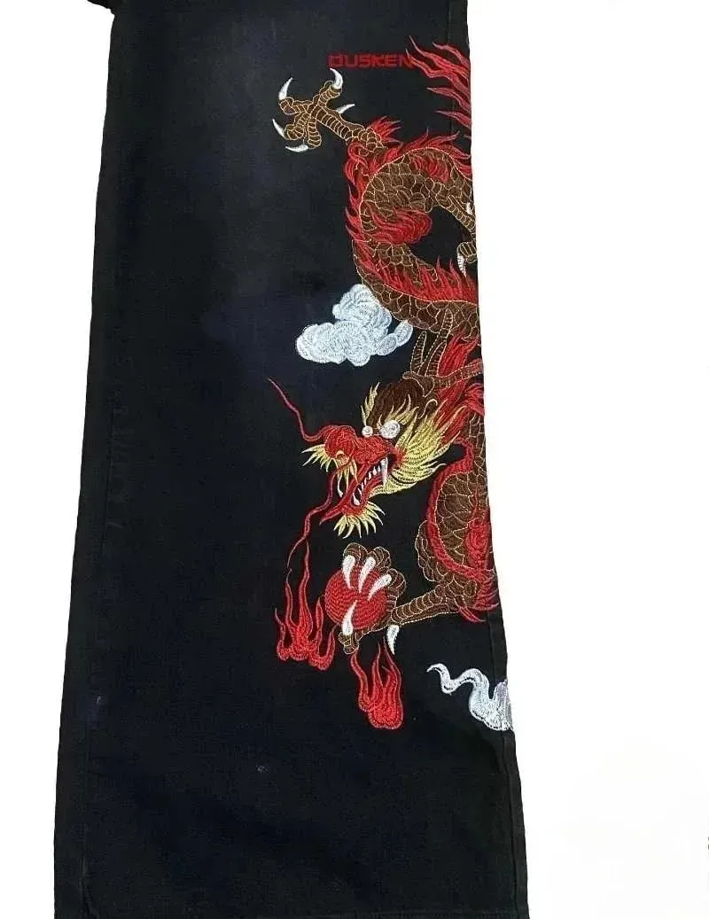 Y2K Baggy Jeans Dragon Graffiti Embroidery High Waist Men Women Vintage Streetwear 2000s Harajuku Casual Loose Wide Leg Jeans
