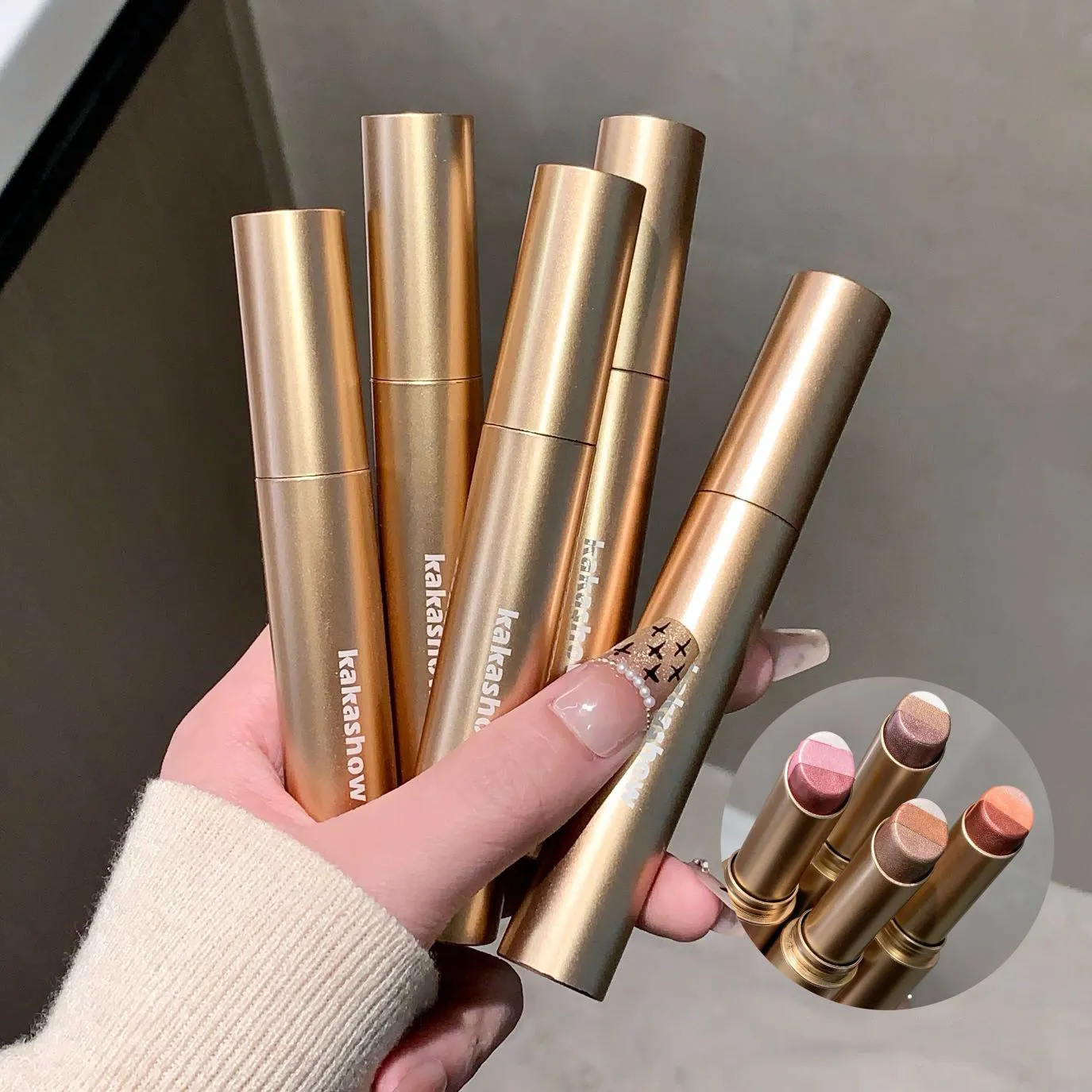 Kakashow Three Color Pearl Glitter Eye Shadow Stick Gradient Delicate Shiny Eyeshadow Waterproof Long Lasting Daily Eye Cosmetic
