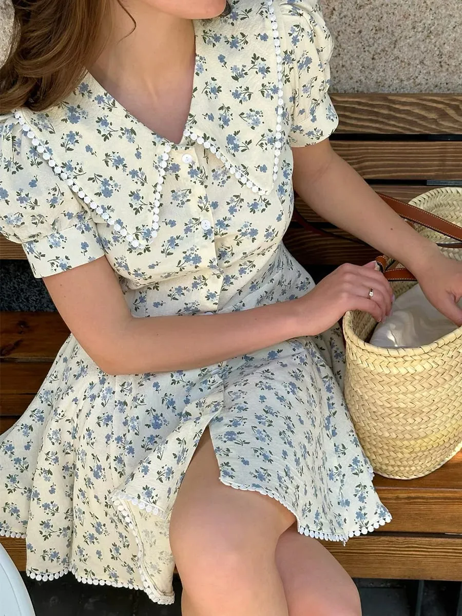 Bornladies 2026 Summer New Floral Short Sleeve Dress Women's Elegant Slim Fit Sweet Button Front Puff Sleeves Mini Dress — image 2