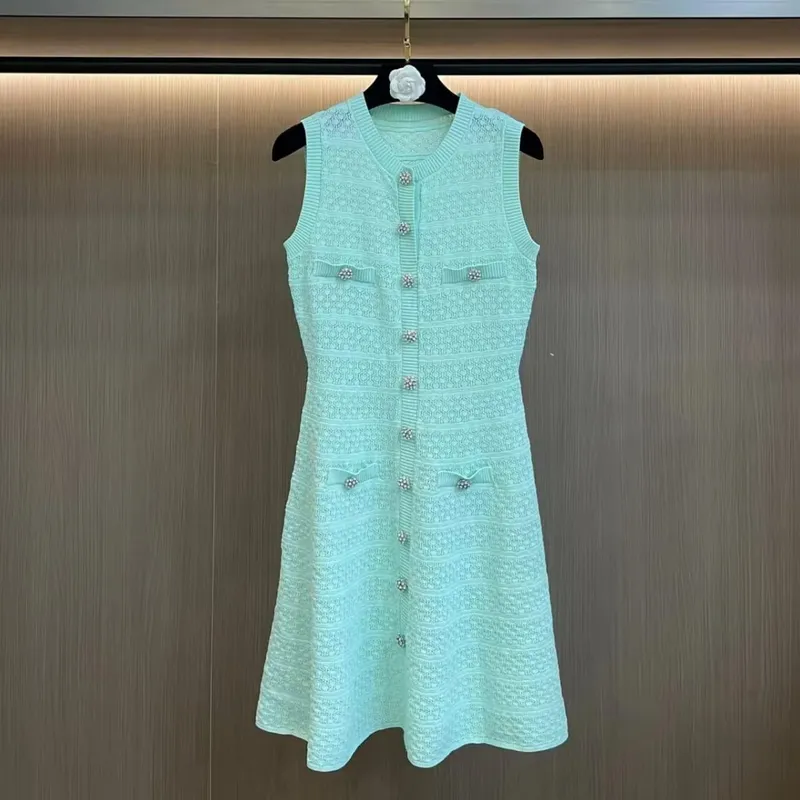 New Summer Women's Sleeveless Knit Dress Elegant Sweet Pink Casual Party Mini Short Dresses Female Knitwears with Buttons