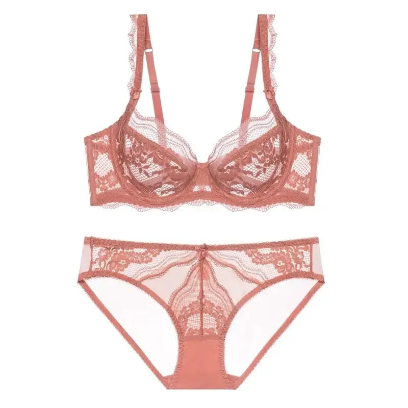 Plus Size Full Bust Minimizer Bra Set Sheer Floral Lace Thin Anti Sag Support Transparent Underwear Women Breathable Intimates