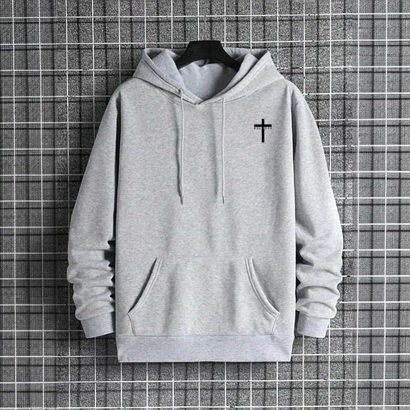 Mens Urban Hoodie 2025 High Quality Solid Color Long Sleeve Sweatshirt Casual Sporty Hooded Outerwear Jesus Cross Print Pullover — image 6