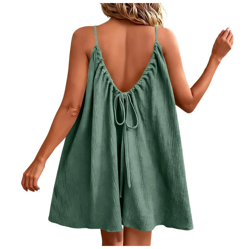 Summer Women's Cotton Linen Mini Dress 2026 New Bohemian Spaghetti Straps Dresses Backless Sundress Loose Holiday Party Robe