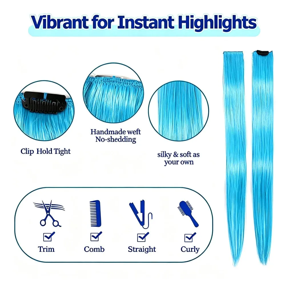 6 Pcs Synthetic Bright Cyan Clip In Hair Extensions Straight Colored Highlight Hair Streaks Heat Resistant Synthetic Fiber