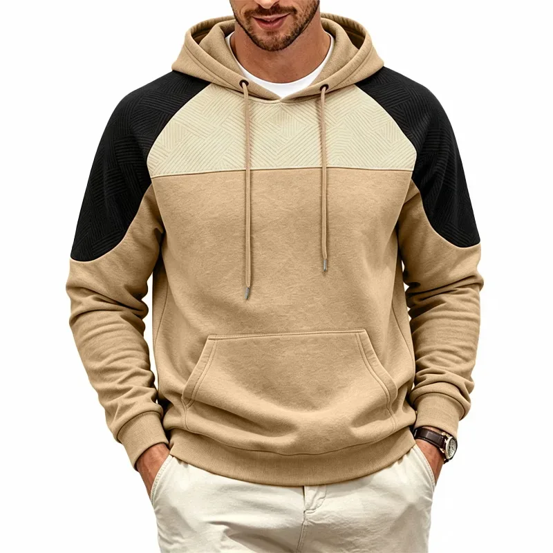 Men Patchwork Color Block Pullover Hoodie Drawstring Kangaroo Pocket Long Sleeve Loose Sweatshirt Autumn Winter Streetwear Tops — image 29