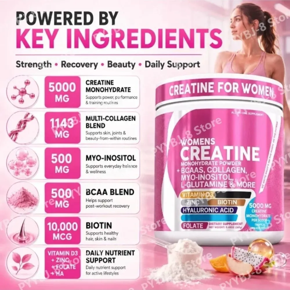 Kvinders kreatinmonohydratpulver 5000mg BCAA Multi-Collagen Biotin Vitamin D3 Tropical Orange Sports Nutrition 30 portioner