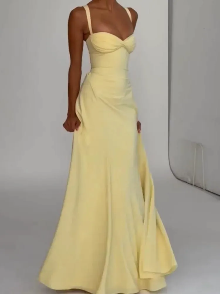 Femmes jaune coupe basse dos nu taille haute Robe à lacets sans manches taille Cincher Spaghetti sangle robes fête Club femmes Robe — image 2