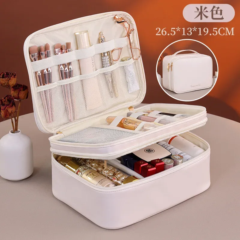 Multiple Compartments Large Capacity Cosmetic Organizer Case Portable Travel Toiletry Bag Double Layer Detachable Makeup Bag — image 9