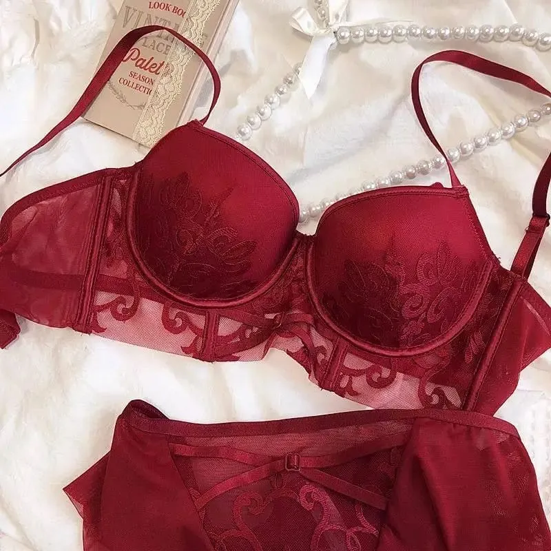 Red Lingerie Set for Wedding Bride Push-Up Bra To Make Small Breasts Look Larger Side Support Dragon Zodiac Year Bra Set