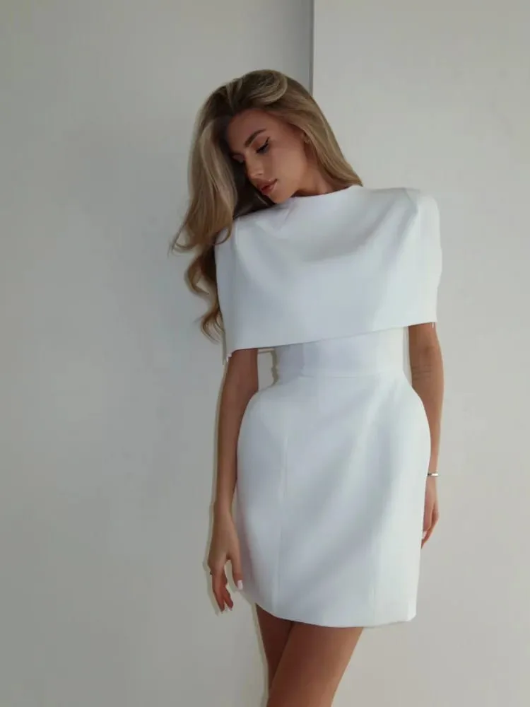 Solid Shawl Mini Dress Women Elegant Square-neck Waist Cinching Sleeveless Slim Short Dresses Lady 2026 New Vacation Party Gowns