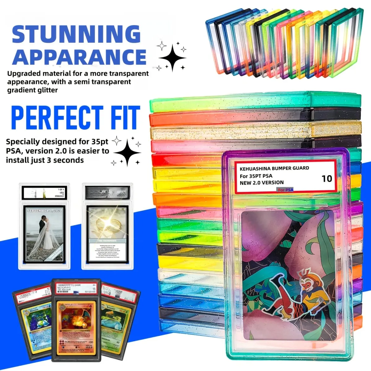 Glitter TPU Slab Bumper Guard Case Holder Protective Skin Display Sleeves with Clear Back for PSA 35PT Graded Trading Card
