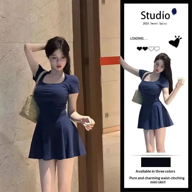 Summer Korean Style New Pure Desire Waist Trimming Slimming Fashion Temperament A Line Mini Dress For Petite Women Daily Wear Va
