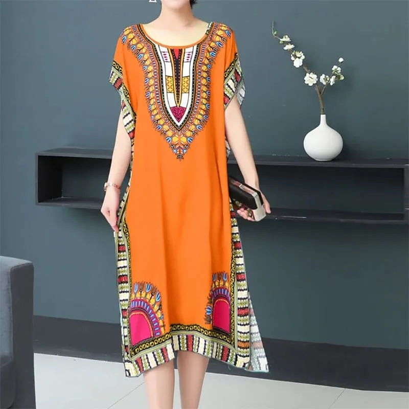 Boho Holiday Women V-Neck Batswing Short Sleeve A-Line Midi Dresses Slim Elastic Waist Casual Vintage Office Lady Elegance Dress