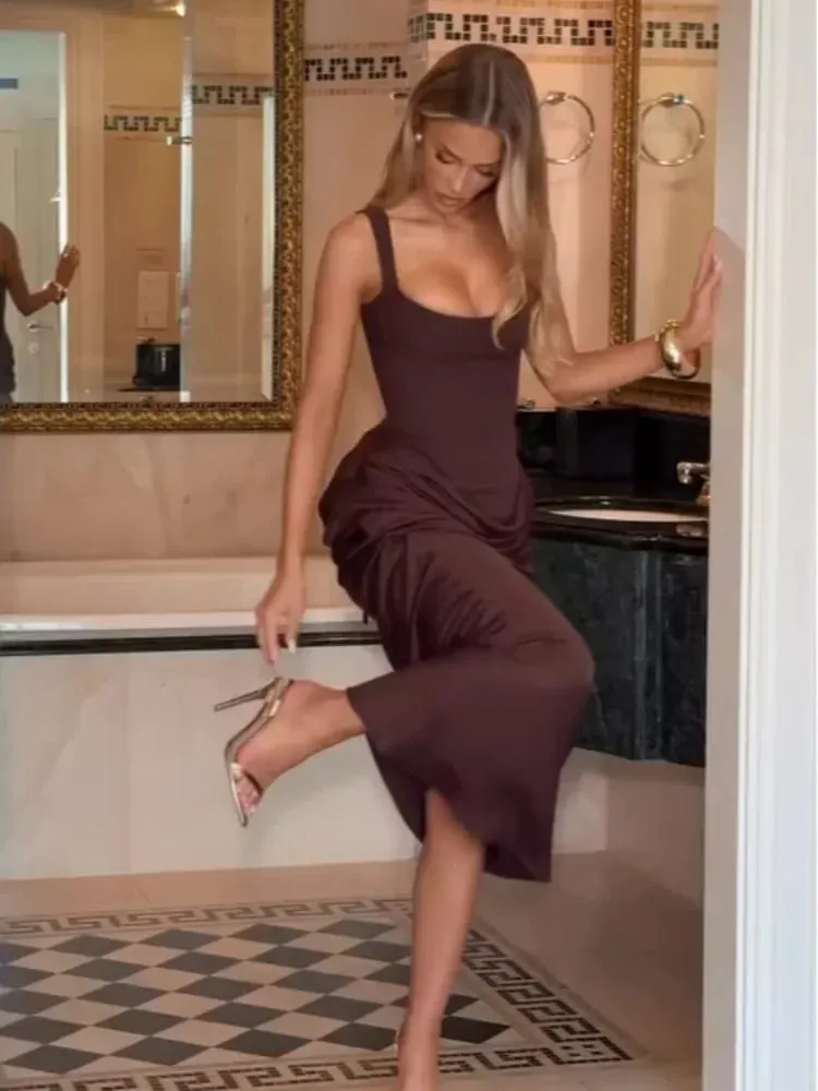 Solid Pleated Sling Dress Square Neck Sleeveless Off-shoulder Waist Cinching Slim Women Dresses Fashion Evening Party Gown 2025 — image 3