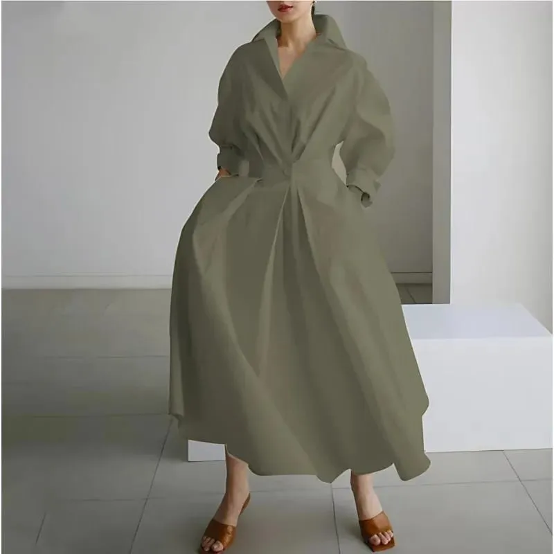 Elegant Women's Summer Dresses 2026 Loose A Line Maxi Shirt Long Sleeve With Pockets Office Commuter Street Casual Long Dress