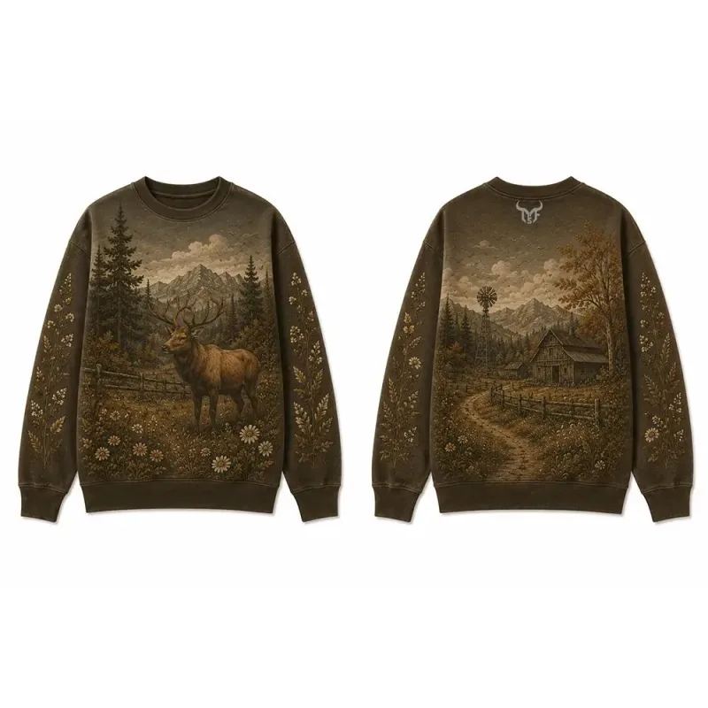 Vintage Wilderness Wildlife Graphic Crew Neck Sweatshirt Men Outdoor All Over Print Pullover Men's And Women's Casual Streetwear
