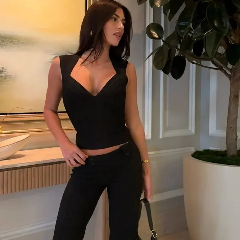Stylish Solid Bandage Cami Top Striped Square Neck Sleeveless Bodycon Tight Vest Summer 2026 NEW Chic Vacation Party Streetwear