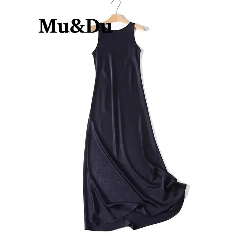 Elegant Backless Round Neck Long Dress Women's Fashion Minimalist Style Draped Polyester Fiber Sleeveless Skirt City Commute
