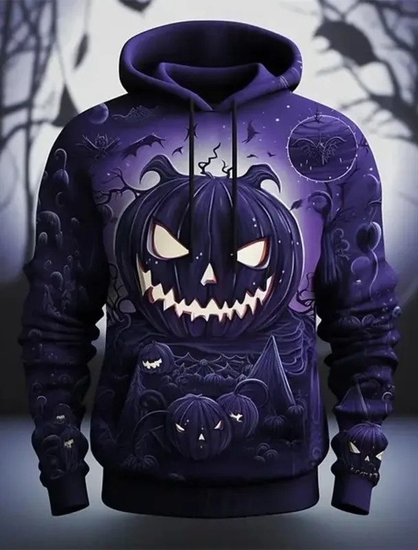 Halloween Purple Pumpkin hoodie pullover 3d tryckmönster par män kvinnor halloween karneval kostym fest avslappnad varje dag — image 3