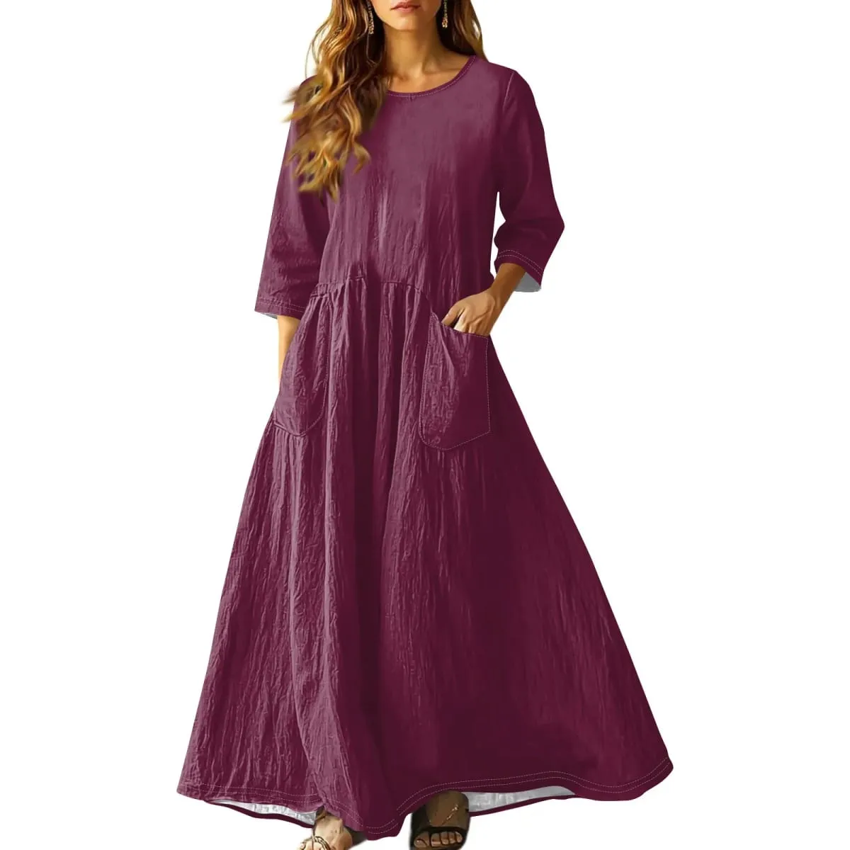 Women's Summer Loose Long Dresses Solid Color Three-quarter Sleeve Double Pocket Dress Loose Round Neck Linen Dress Vestidos