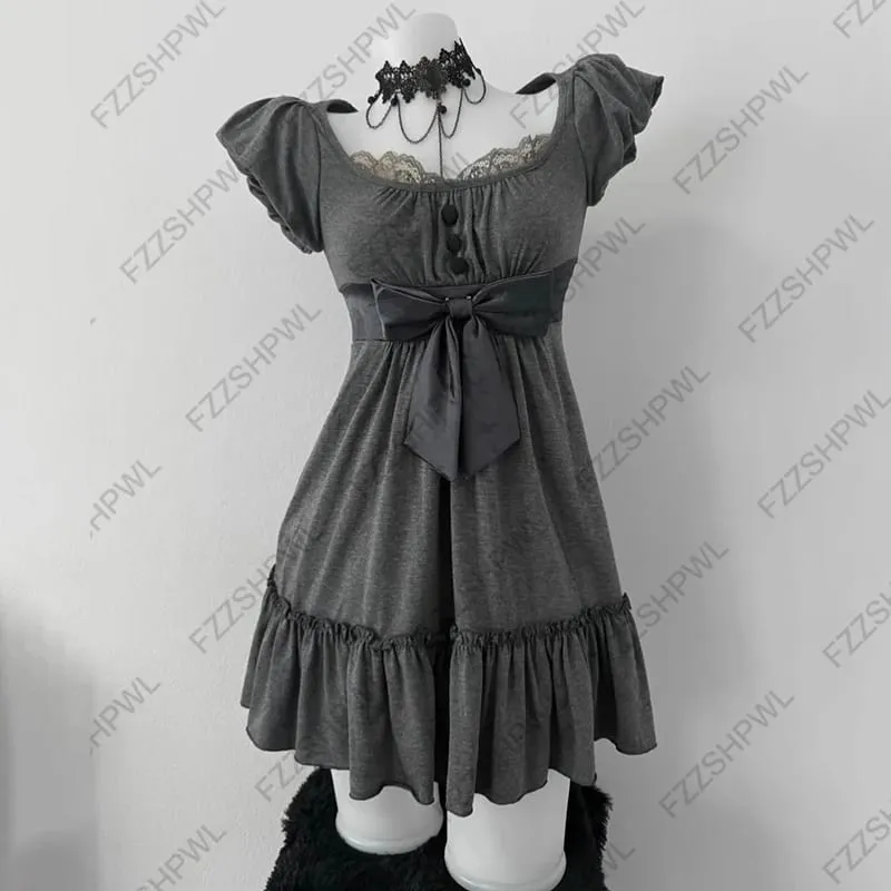 Y2K Dres Korean sweet style Subculture Lace Harajuku A-line skirt Rock Goth Streetwear Bowknot Frock Punk Spicy Girls Skirt Chic