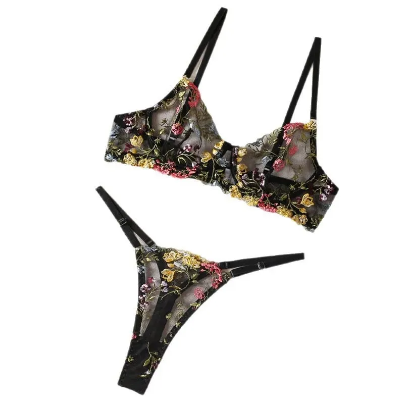 Embroidered Floral Contrast Lingerie Set with Underwire Bra and Thong — image 2