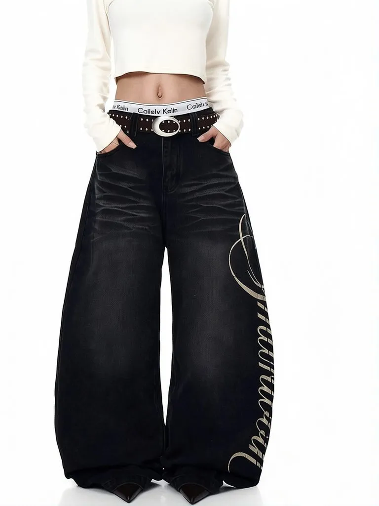 Y2k Printed Letter Baggy Jeans Men Wide Loose Curved Pants Streiaght Long Trousers Work Wear Denim Pants Casual
