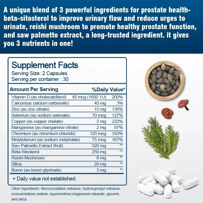 Saw Palmetto Prostate Supplement for Men - Supports Bladder Urinary & Prostate Health with Beta-Sitosterol Reishi Vitamin D — image 4