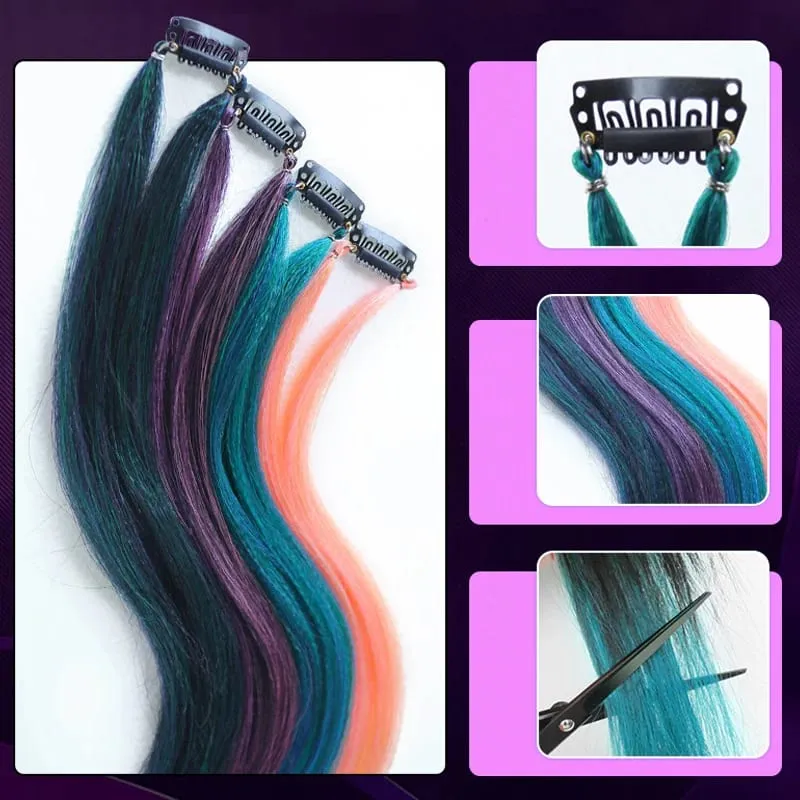 2PCS 60cm Synthetic Long Straight Hair Clips Rainbow Hair Extension Colored Red Green Blue Hairpiece for Women