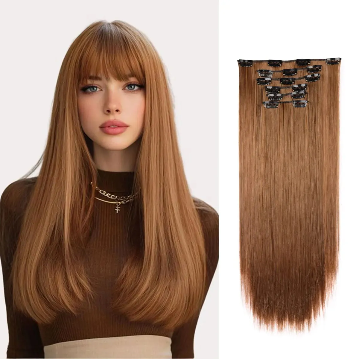 Synthetic Clip in Hair Extensions Clip in 6pcs set Straight Hair 22inch Thick Hairpieces for Women Girls Daily Party — image 13