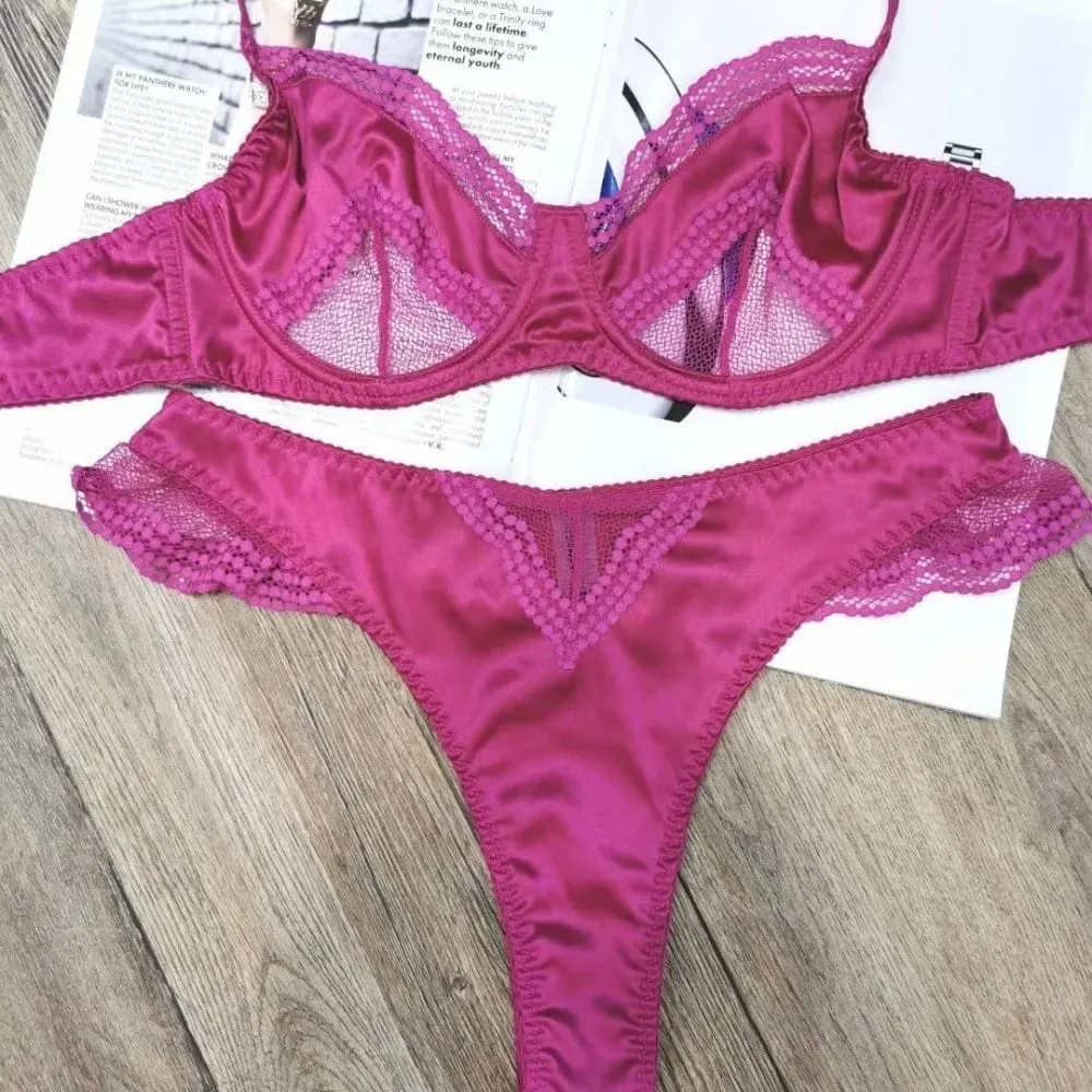 32-38 Women Elegant French Satin Bra Set Summer Thin Minimizer Uplift Support Lingerie Underwear for Big Bust Daily Outfitセクシーな