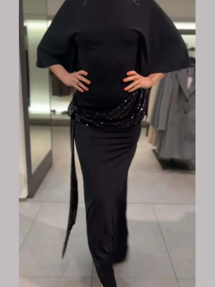 Sequin Patchwork Backless Dress Women Elegant Solid Middle Sleeve Cinched-waist Slim Long Dresses Fashion Evening Party Vestidos — image 2