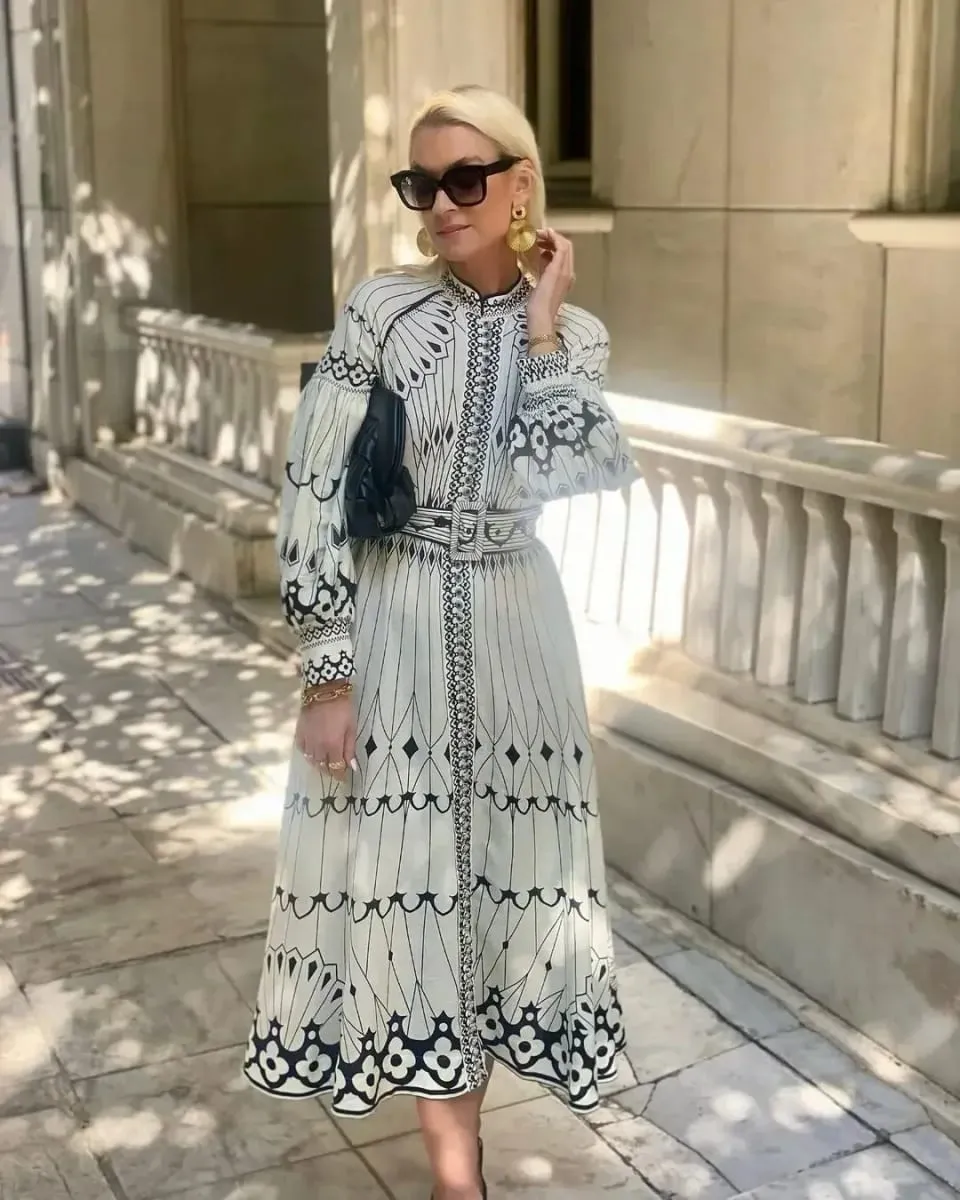 Retro Elegant Stand Collar Long Dress Women Spring Pattern Print Belted Buckle Party Autumn Sleeve A-Line Boho — image 2
