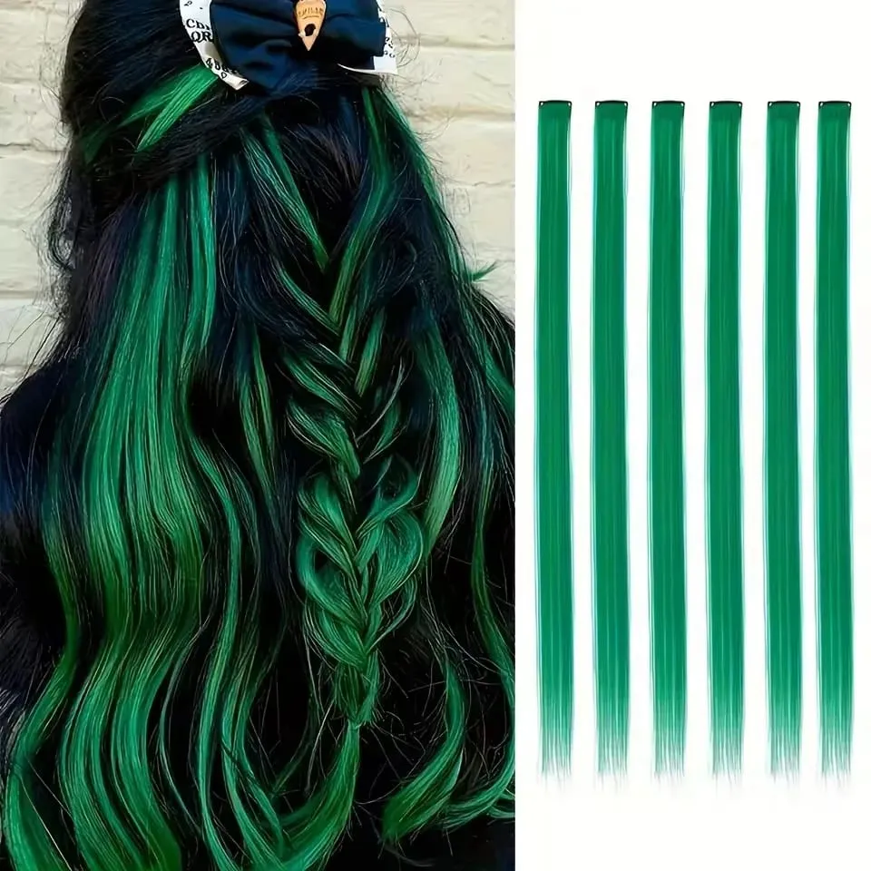 6 Pcs Clip Extensions Synthetic 24 Inch Colored Hair Extensions Party Highlights Long Straight Hairpieces for Women Kids Girl