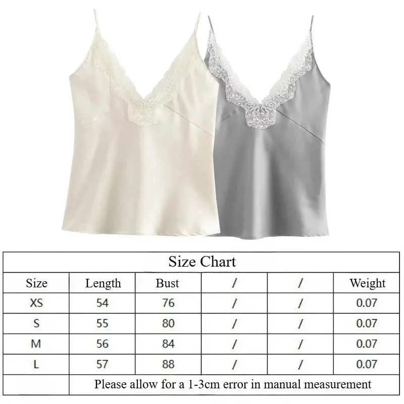 Women Lace Patchwork Tanks Tops Satin V-neck Solid Sleeveless Camisole Summer Women Spaghetti Strap Mini Tops Fashion Slim Camis