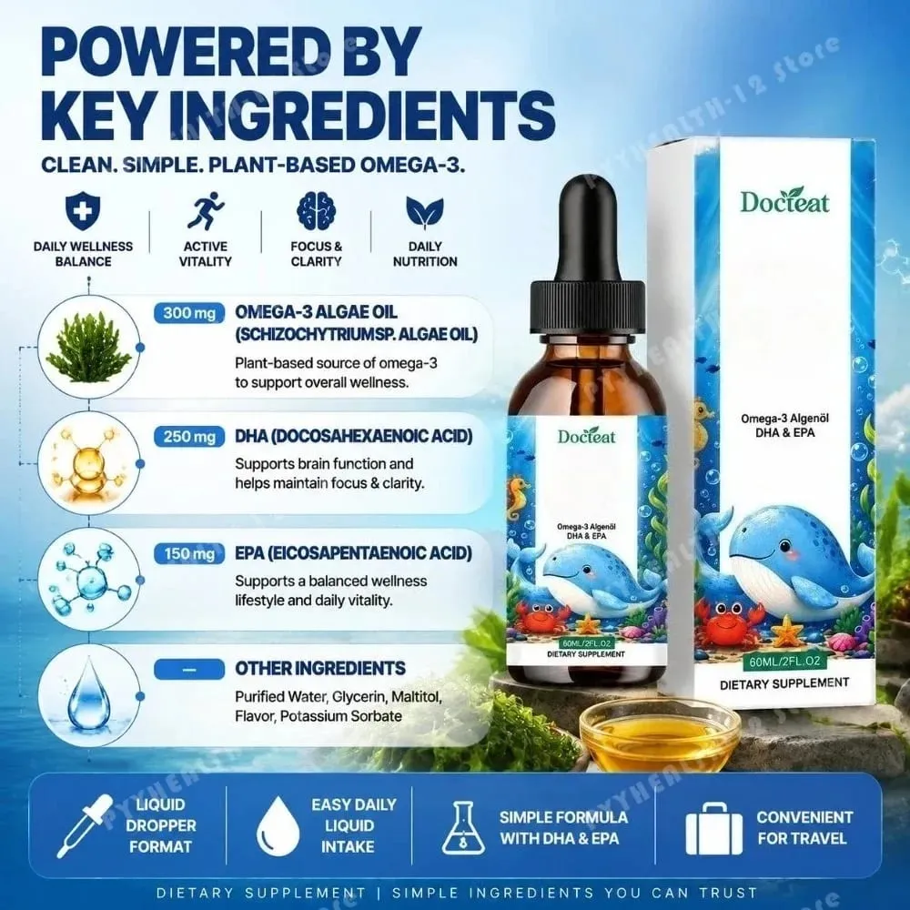 Docteat pflanzliches Omega-3-Algenöl, DHA, EPA, flüssige Tropfen, Gehirngesundheit für Kinder, vegan, gentechnikfrei, tägliche Ernährung, Orange, 60 Portionen
