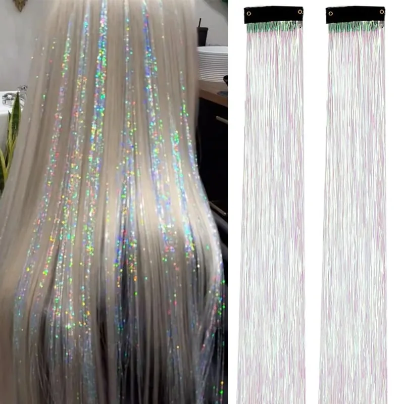 2PCS Synthetic Hair Tinsel Clip in Extensions Colored Sparkle Hair Tinsel Kit with BB Clip for Kids Girls Christmas Party Use