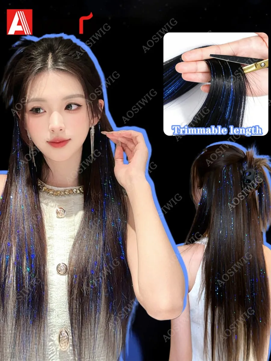 Blue Glitter Tinsel Clip in Hair Extensions One Piece Straight Synthetic Hairpiece with Sparkle Strands for Women Party Daily
