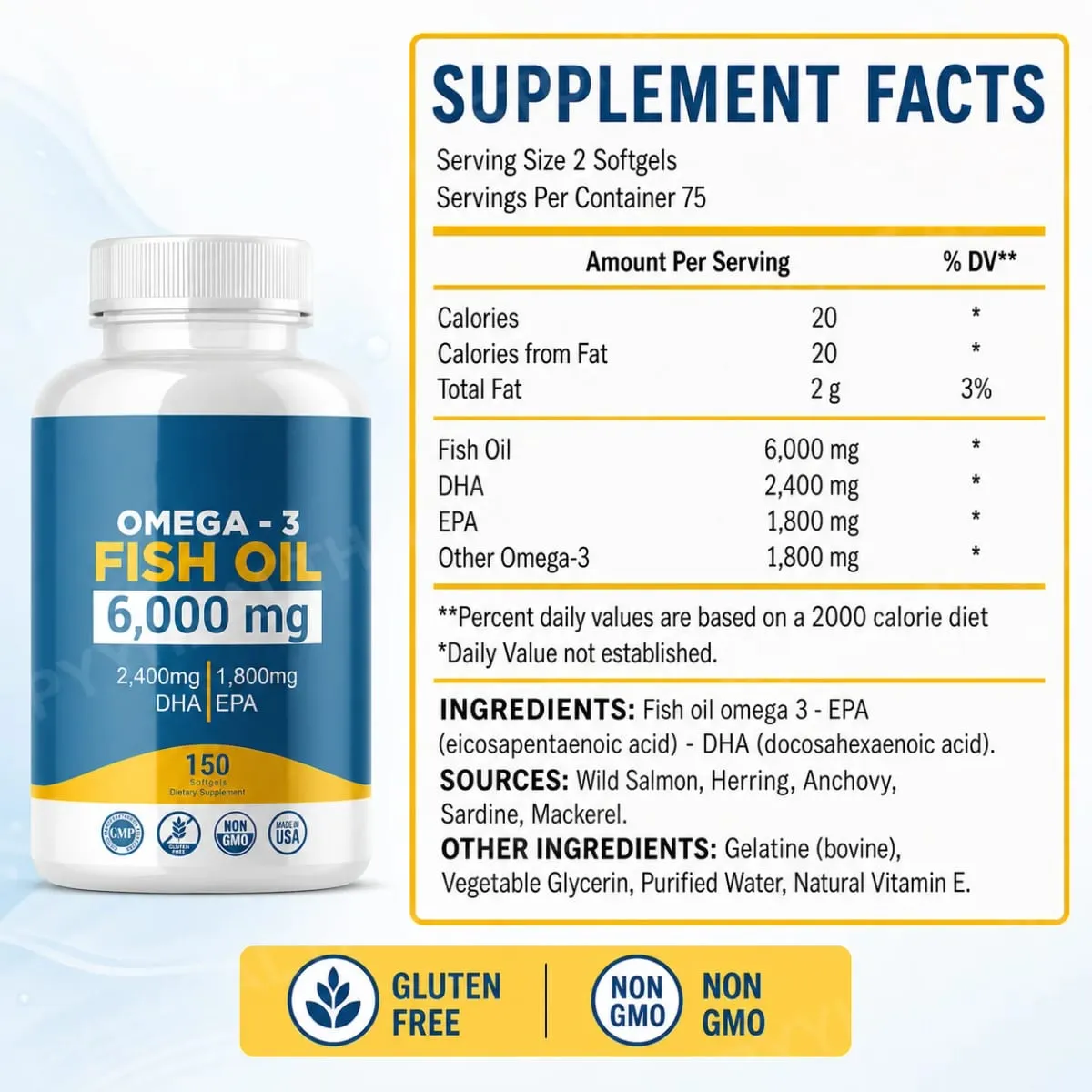 Omega-3 Fish Oil 6000mg Softgels High DHA EPA Formula 2400mg DHA 1800mg EPA Non-GMO 150 Capsules Heart Brain Nutrition Support
