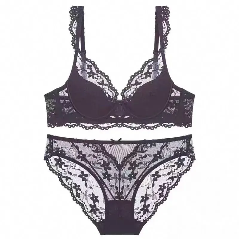 المرأة الفرنسية رفرفة كم الدانتيل مجموعة الملابس الداخلية لينة Underwire رقيقة كوب تنفس مثير الجمال الظهر مينيزر الصدرية 32 ‑ 38