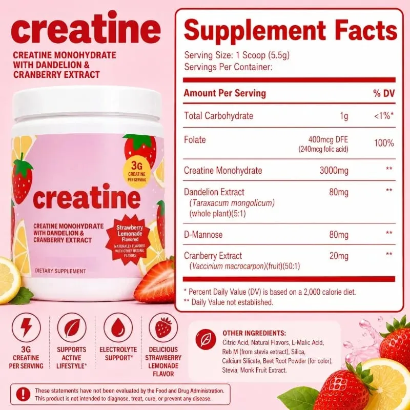 Women Creatine Powder 275g with 3000mg Creatine Monohydrate & Dandelion Cranberry Extract Support Energy Recovery After Exercise — image 3