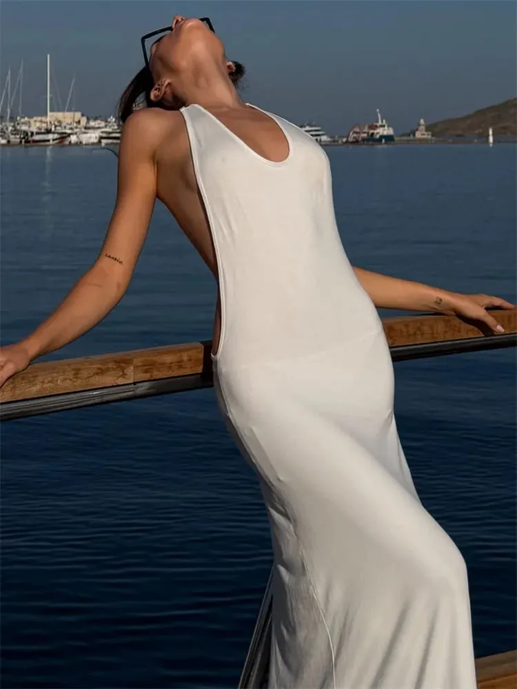 Tossy femmes licou dos nu moulante Maxi robe dos ouvert Spaghetti sangle or anneau robe de soirée été plage longue robe