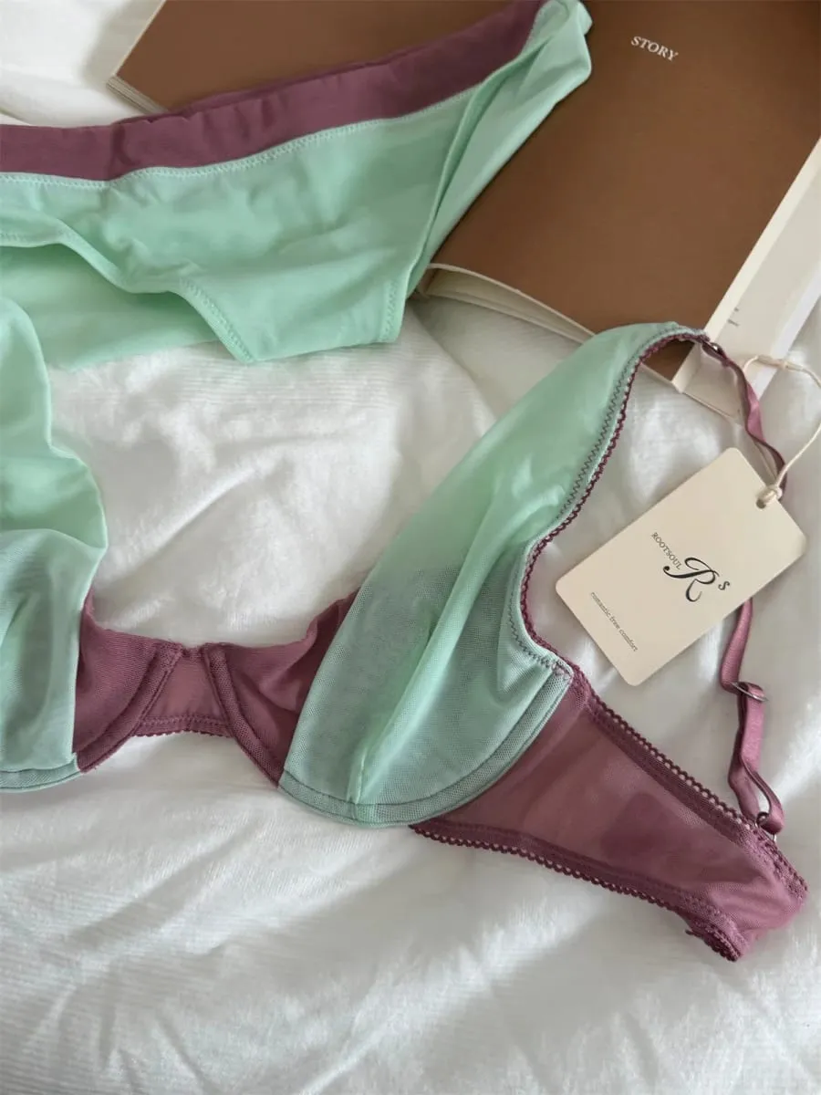 Bra mesh comfortable lingerie with underpants suit small fresh underwear up support large breasts show small bra set