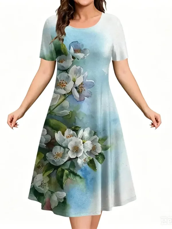Sundress Loose Plus Size Dresses Women Flowers 3D Print Clothing Casual Summer Retro Short Sleeve Ladies Elegant Mini Dress — image 5