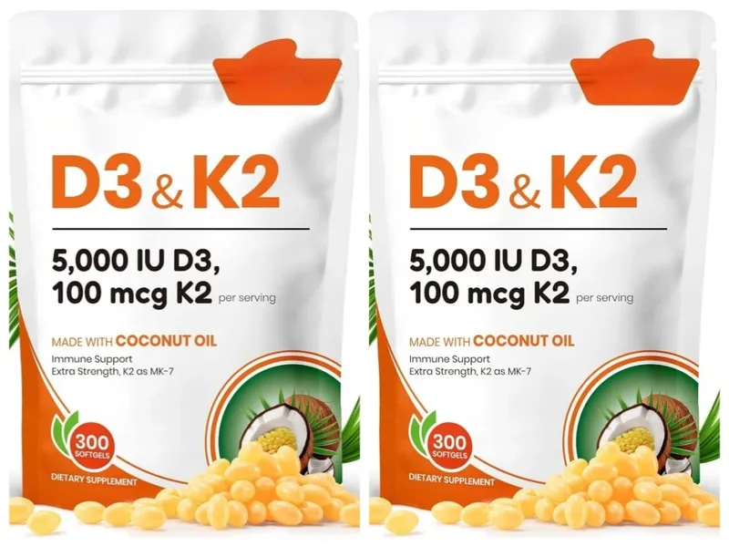 Vitamin D3 K2 Softgels with Coconut Oil 5000 IU D3 & 100 mcg K2 MK-7 Daily Bone Wellness Support for Men & Women 300 Count