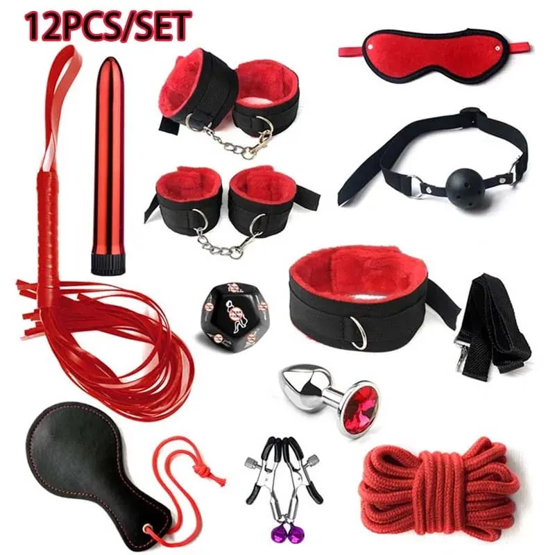Erotic BDSM Kits for Couples - Sex Bondage Set with Handcuffs Gag Whip Nipple Clamps Anal Butt Plug Tail - Adult Toys for Women