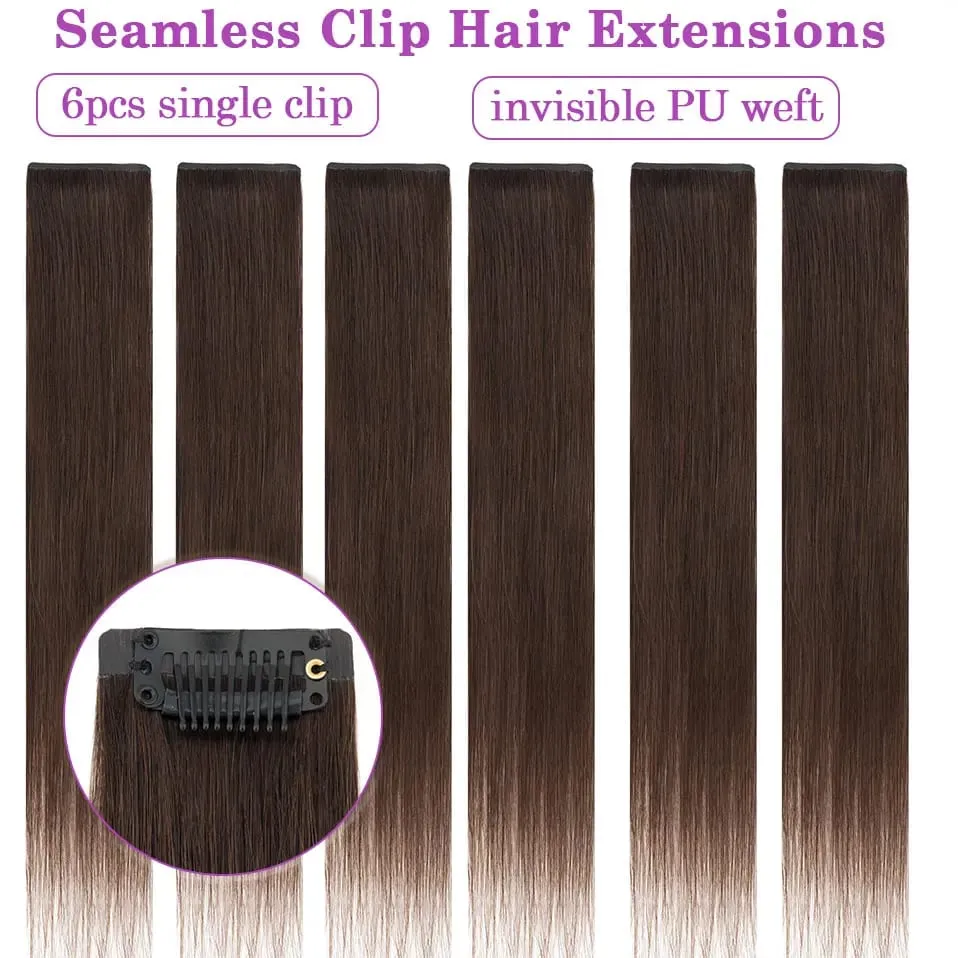 S-noilite Seamless PU Thin Weft 6Pcs Clip in Hair Extensions Real Human Hair Straight Soft Silk Clip in Extensions for Women