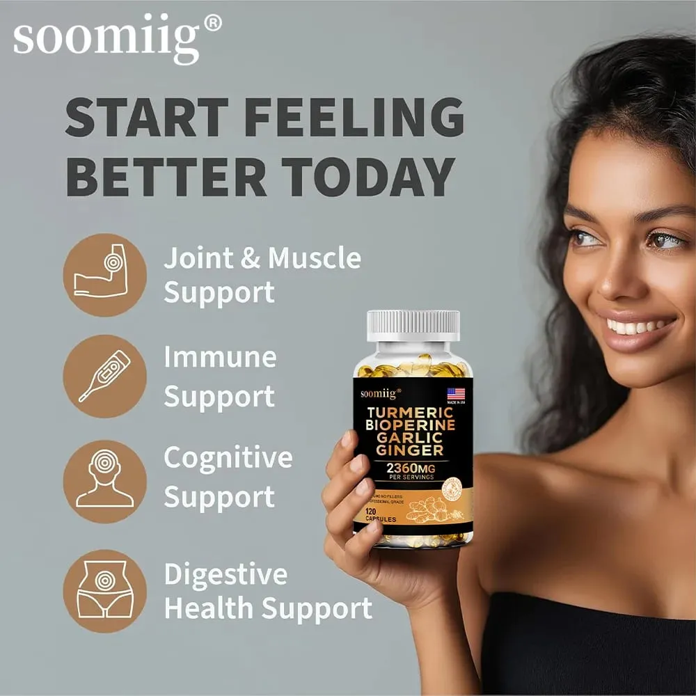 4-in-1 Turmeric and Garlic Supplements with Bioperine 2360 mg Ginger Root Capsules for Joint Digestion & Immune Health Support