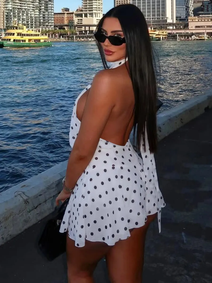 Hugcitar Polka Dot Print Halter Sleeveless Backless Bandage Sexy Slim Mini Dress Summer Women Fashion Outfit Party Vacation — image 5